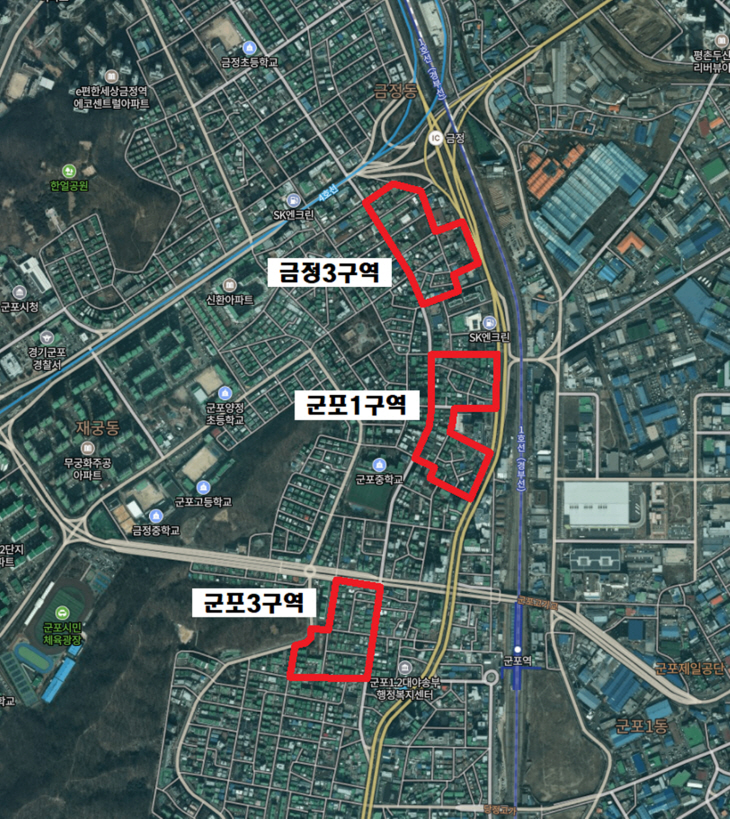 군포시 군포1-군포3-금정3 정비구역 위치도