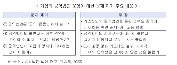 기업의 공익법인 운영에 대한 문제 제기 주요 내용