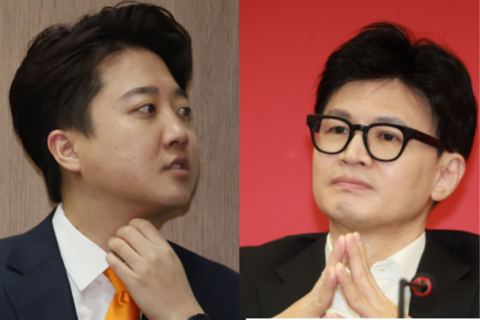 이준석 개혁신당 대표(왼쪽)와 한동훈 국민의힘 비상대책위원장.연합뉴스