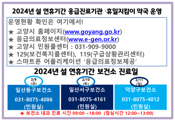 고양특례시 설 연휴기간 응급진료기관-문 여는 약국 안내