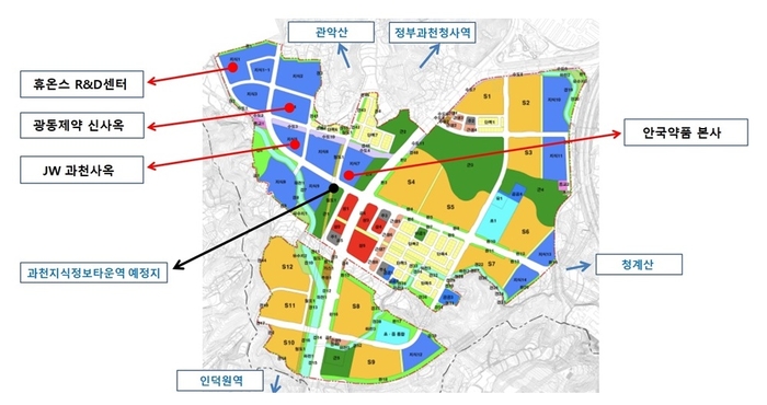 경기 과천시 과천지식정보타운 입주(예정) 제약사 위치도.