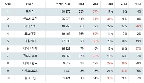 랭키파이 소셜 네트워크 사이트 연령별 분석