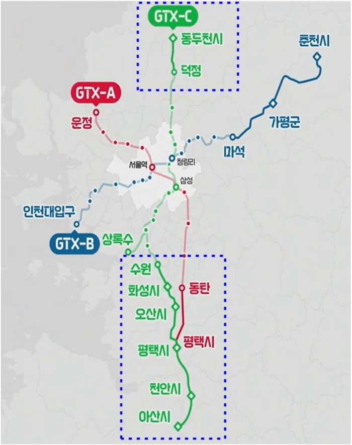 수도권광역급행철도(GTX)-A, C노선 연장노선도