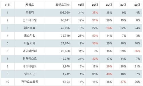 랭키파이 소셜 네트워크 사이트 연령별 분석 결과