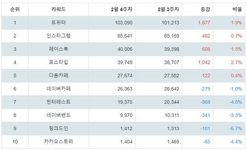 랭키파이 소셜 네트워크 사이트 트렌드 지수 분석 데이터