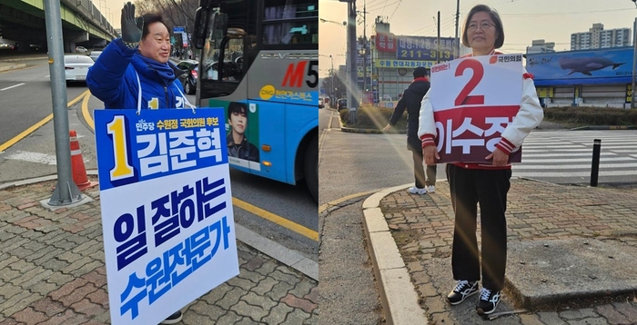 왼쪽부터 경기 수원정 지역구에 출마한 김준혁 더불어민주당 후보, 이수정 국민의힘 후보