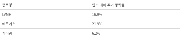 글로벌 명품 브랜드의 연초 대비 주가 상승률