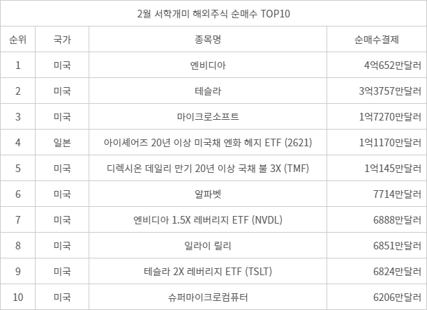 2월 서학개미 순매수 TOP10