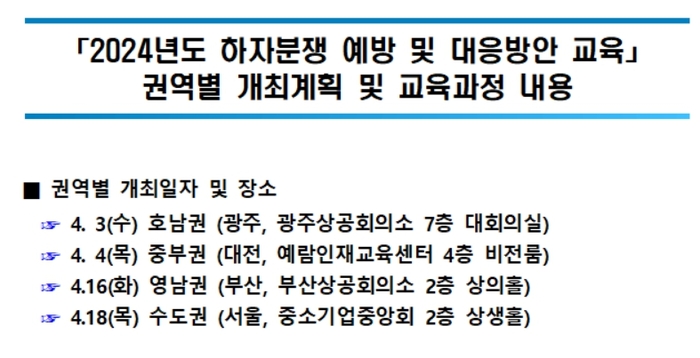 2024년도 하자분쟁 예방 등 권역별 개최 장소. 주건협