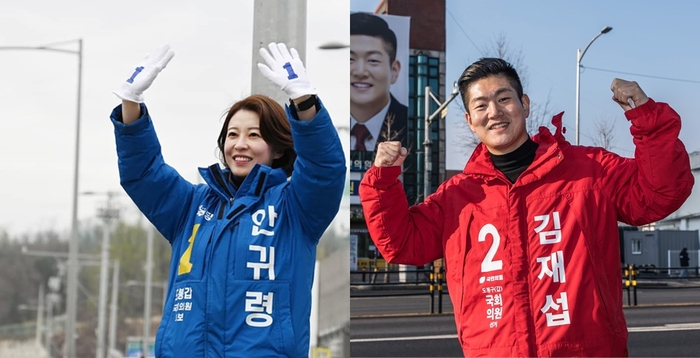 왼쪽부터 서울 도봉갑 지역구에 출마한 안귀령 더불어민주당 후보, 김재섭 국민의힘 후보