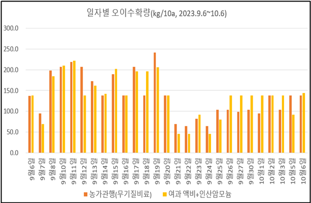 여과 액비와 제1인산암모늄(MAP) 병용의 오이 생산량 비교