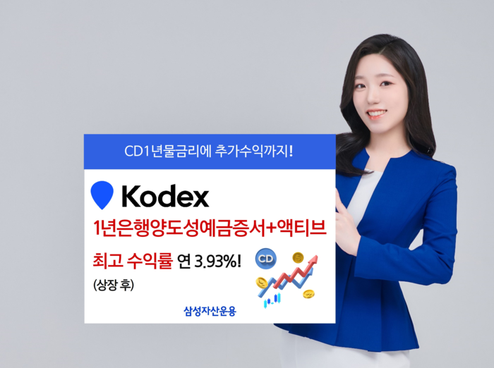 삼성자산운용의 'KODEX 1년은행양도성예금증서+액티브 상장지수펀드(ETF)'가 상장 4일만에 금리연계형 ETF 중 가장 높은 수익률(연 3.93%)을 기록했다고 2