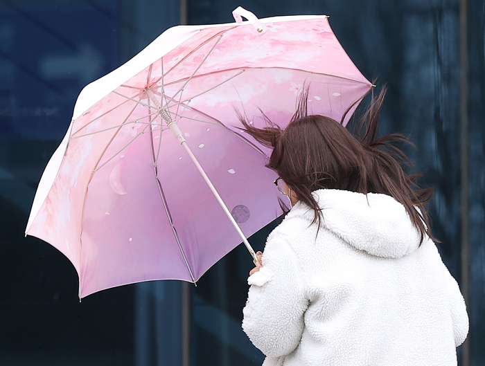 대구 한 대학 캠퍼스에서 시민이 우산을 쓰고 있다.연합뉴스