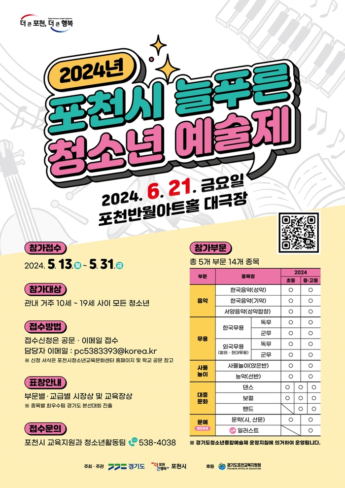 포천시 2024년 제26회 늘푸른청소년예술제 참가자 모집 포스터