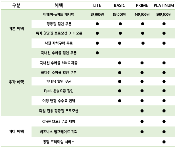 티웨이항공 구독형 멤버십 구분