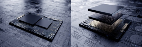 기존 시스템 반도체의 평면 설계(왼쪽)과 삼성 3차원 적층 기술 'X-큐브'를 적용한 시스템 반도체의 설계. 사진=삼성전자 제공