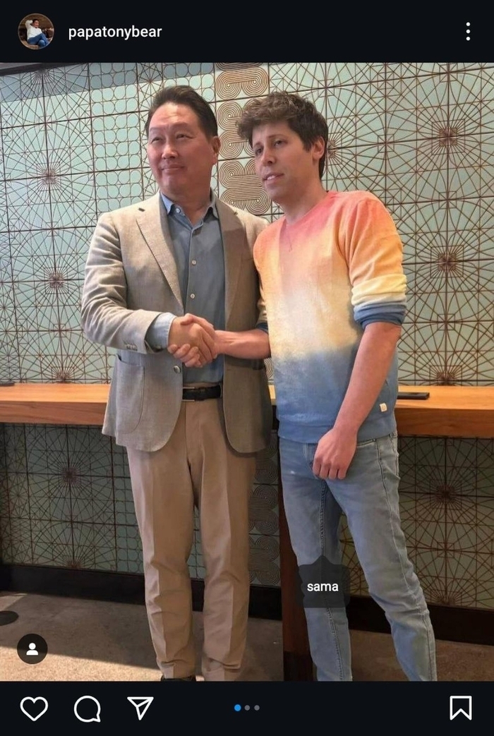 최태원 SK그룹 회장(왼쪽)이 6월26일(현지시간) 샘 올트먼 오픈AI CEO와 만난 사진을 자신의 인스타그램에 올렸다.