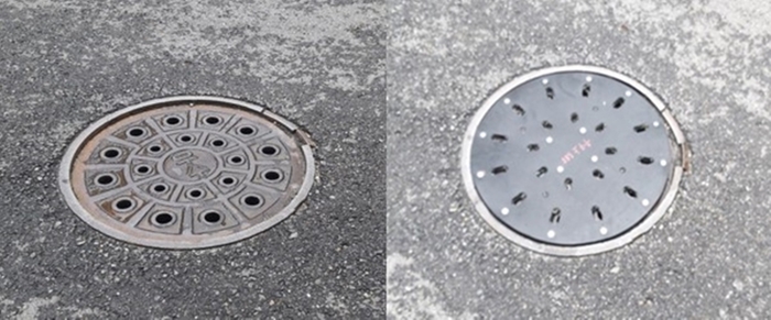 안양시 함몰된 맨홀(왼쪽)-충격 방지구 적용된 맨홀