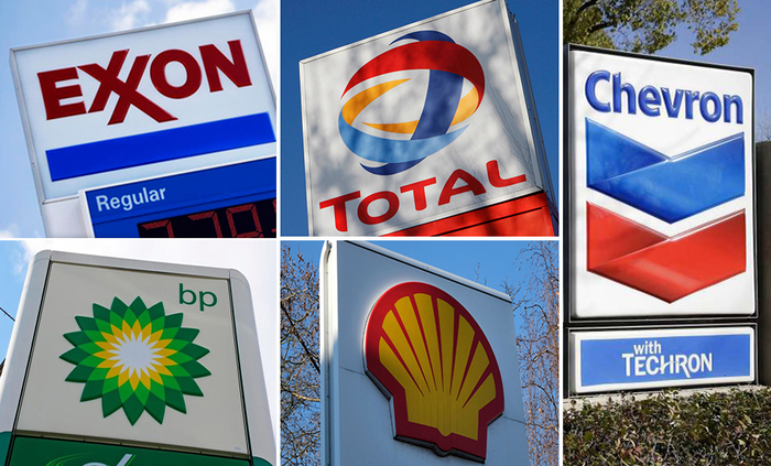 FILE PHOTO: A combination of file photos shows the logos of five of the largest publicly traded oil companies BP, Chevron, Exxon, Mobil Royal Dutch Shell,and Total