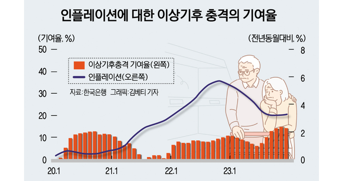 인플레이션에 대한 이상기후 충격의 기여율.