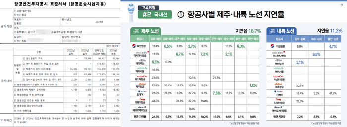 항공 안전 투자 공시와 항공사별 제주·내륙 노선 지연율 통계. 자료=국토교통부 제공