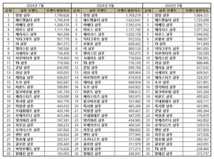 2024년 9월 샴푸 브랜드평판지수