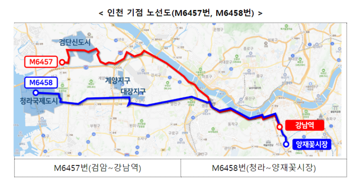 국토부가 공개한 인천 기점 노선도(M6457번, M6458번). 검단·청라에서 서울 강남으로 향하도록 최근 만들어진 광역급행버스 노선이다.