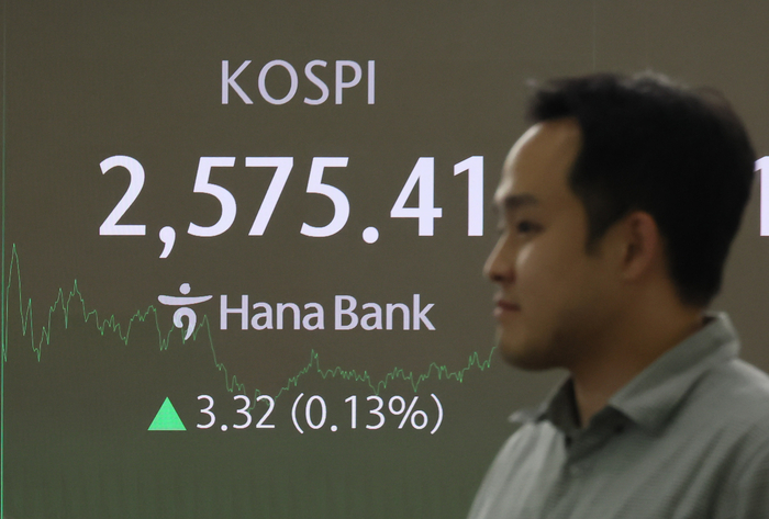 13일 서울 중구 하나은행 본점 딜링룸 현황판에 지수가 표시돼 있다.연합뉴스