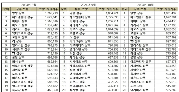 2024년 8~10월 샴푸 브랜드 평판지수 20위권 순위