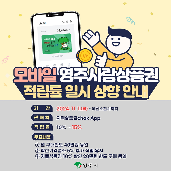 영주시, 모바일 영주사랑상품권 적립률 15%로 상향