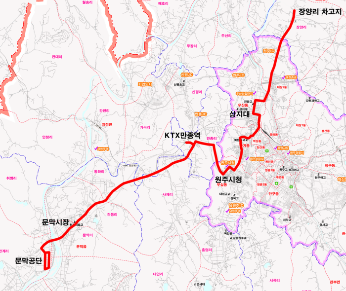 장양리~문막공단 50번 시내버스 신설 노선도