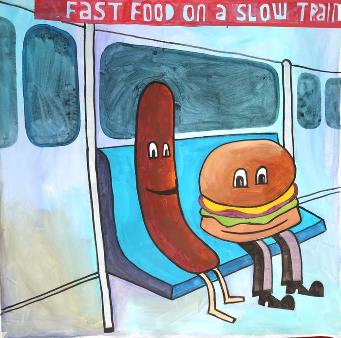 fast food on slow train, 2024,  acrylic on paper, 80x80cm