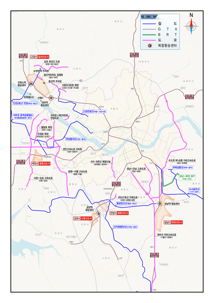 국토교통부가 19일 발표한 1기 신도시 광역교통 개선 방안 관련 현재 추진 중인 사업 노선도.