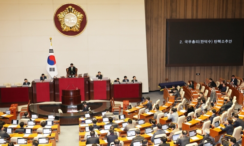 우원식 국회의장이 27일 오후 국회 본회의에서 한덕수 대통령 권한대행 국무총리 탄핵소추안을 상정하고 있다.