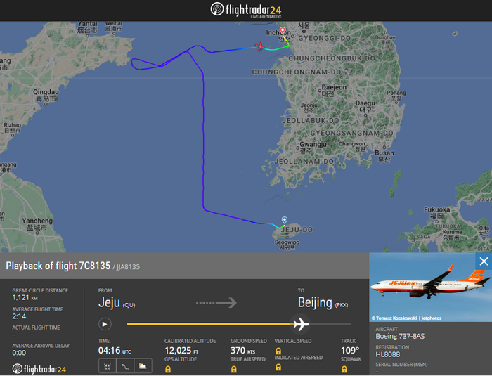 지난 27일 제주국제공항을 출발해 베이징 다싱 국제공항으로 향하려던 제주항공 여객기(HL8088, 7C8135)의 궤적. 사진=플라이트 레이더 24 캡처