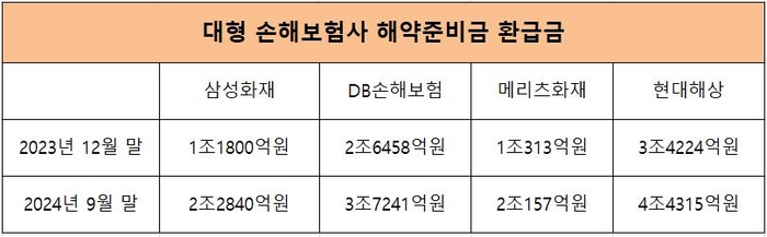 대형 손해보험사 해약준비금 환급금 규모