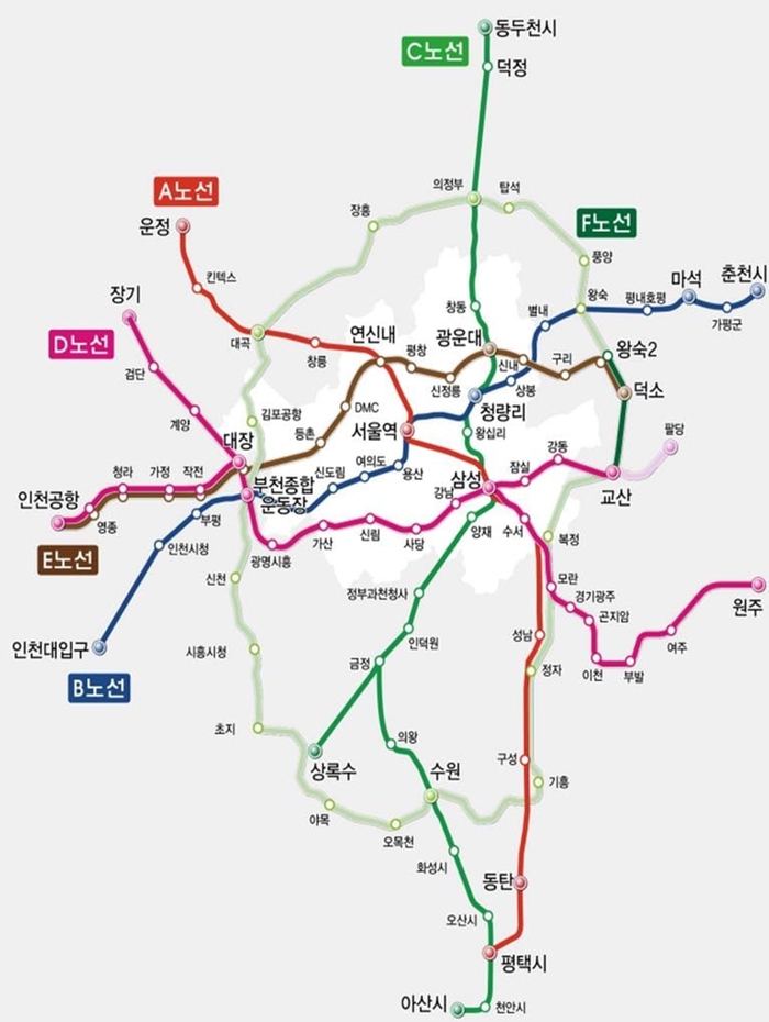 수도군광역급행철도(GTX) 노선도