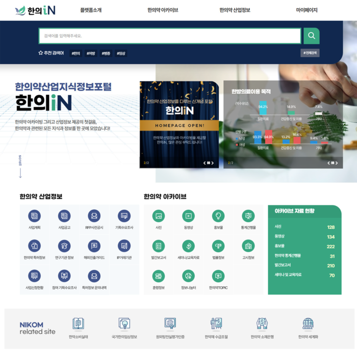 한의약산업지식정보 포털 '한의iN'메인 화면