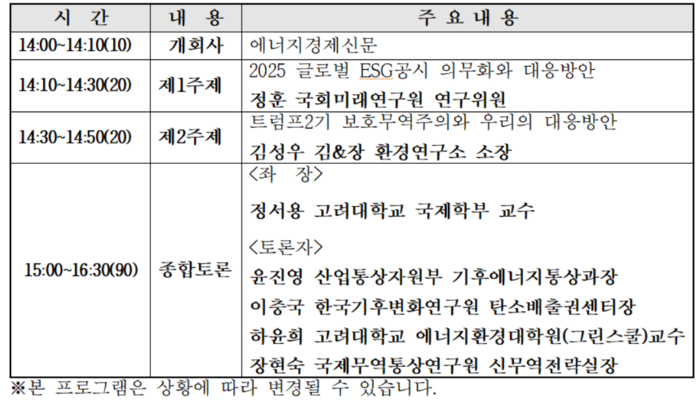 제10회 탄소시장과 무역경쟁력 세미나 프로그램.