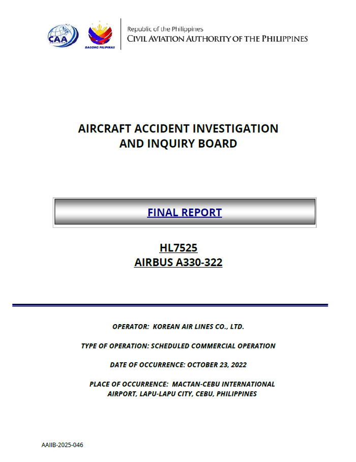필리핀 민간항공청(CAAP) 항공사고조사위원회(AAIIB)가 발간한 대한항공 631편 활주로 이탈 사고 최종 보고서 표지. 사진=CAAP AAIIB
