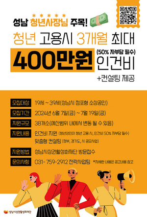 성남시, 청년 상인에 최대 400만원 고용 지원...내달 19일까지 모집