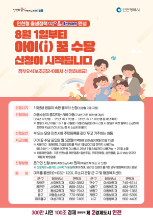 인천시, ‘1억 플러스 아이드림’ 일환인 ‘아이 꿈 수당’ 내달 1일부터 신청 개시